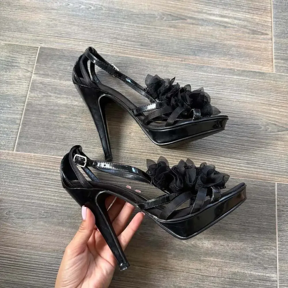 Shi Women's Black Platform open toe Heel Vintage Y2K Ruffle Flower